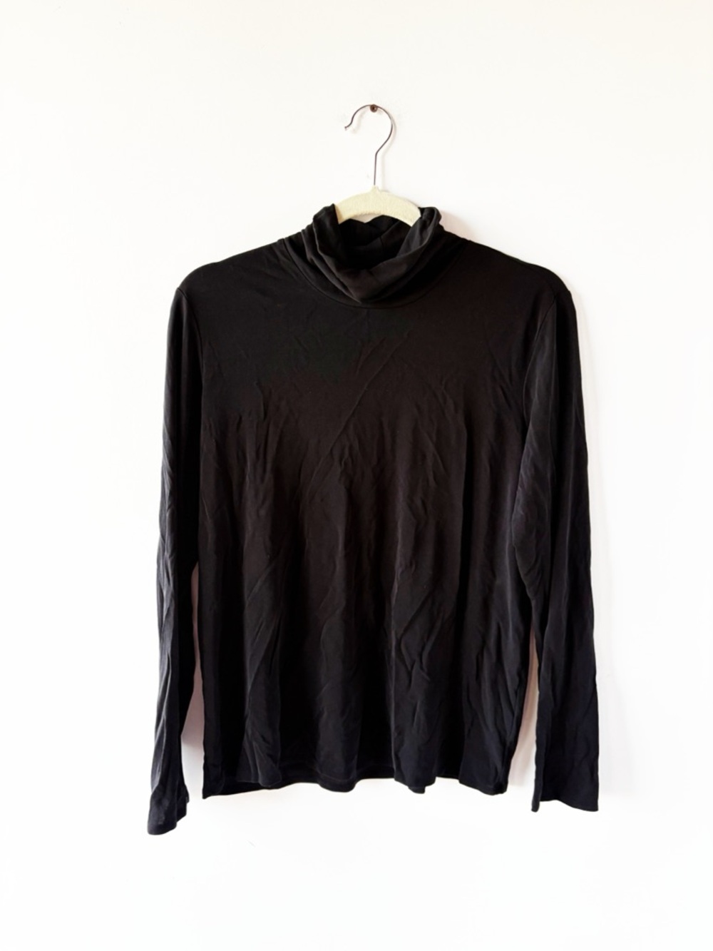 Eileen Fisher Silk Jersey Knit Long Sleeve Turtleneck Black Large L Layering